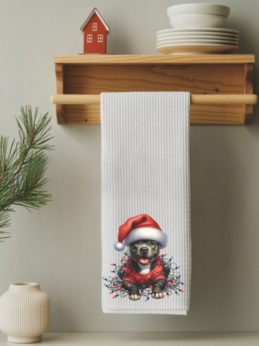 Pit Bull Terrier Christmas Lights Decorative Kitchen Tea Towel